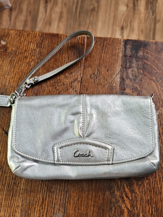 Coach Handbags - Coach Ashley Pleated Silver Leather Wristlet Clutch
